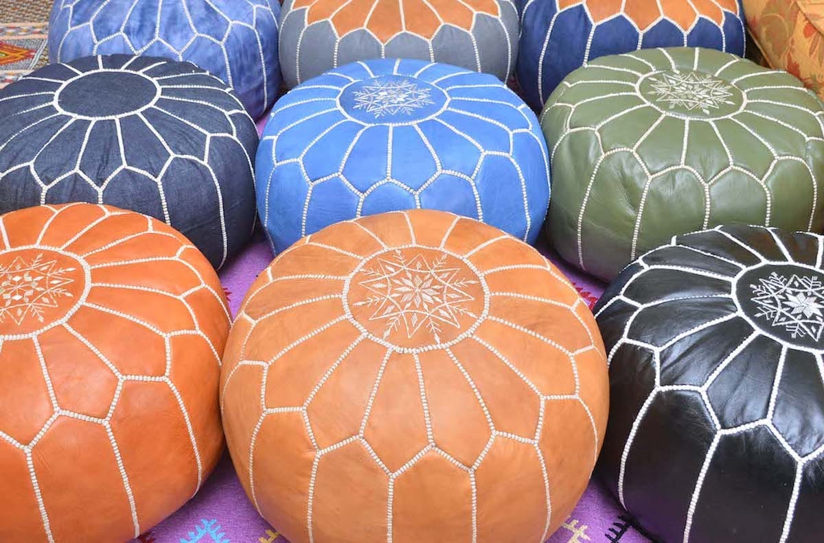Handmade Moroccan Leather Pouf - Green